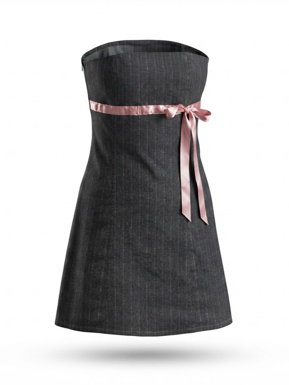 Pearl Strapless Pinstripe Dress with Pink Satin Waist Tie